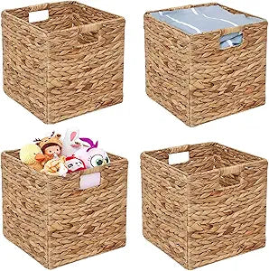 11x11in Storage Baskets 4 Pcs Square Baskets for Cube Shelf,Foldable Handwoven Water Hyacinth Storage Bins for Laundry Organizer