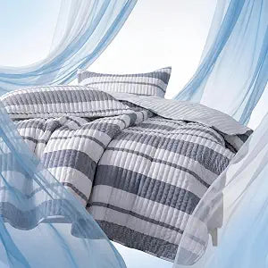BOV Gray White Striped Quilt Set Queen Size 92x90 ��� Coastal Striped Quilt Set, Lightweight Summer Bedspread, Quilted Coverlet Bedding with 2 Pillow Shams, All Season Quilt