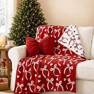 Red Bow Throw Blanket and Pillow Set Include Coquette Blanket 50 x 60 Inch and Red Bow Plush Throw Pillows Cushion for Baby Girls Women Gift Couch Sofa Bed Room Decorations