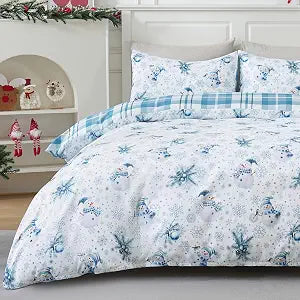3 Piece Christmas Duvet Cover King Size, Snowman Snowflake King Comforter Cover Reversible Plaid Printed Holiday Bedding Set with 2 Pillow Shams for Christmas Decorations, 90" x 104"