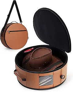 Marscamd Vegan Leather Hat Box Fits 4 Cowboy or Wide-Brim Hats, Padded Storage Case with Shoulder Strap & Trolley Sleeve for Travel or Home Storage, Brown