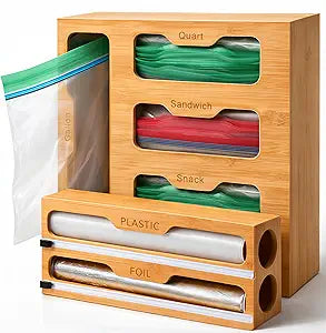 Bamboo Food Storage Bag Organizer for Drawer with Foil & Plastic Wrap Dispenser Premium Detachable Kitchen Organizer for Gallon, Quart & Sandwich Bags
