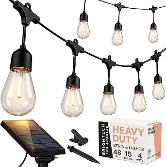 Brightech Ambience Pro - 48 Ft Waterproof, Solar Power Outdoor String Lights - 1W LED Hanging Edison Bulbs Create Bistro Ambience in Your Yard - Commercial Grade, Shatterproof - 15 Lights, Soft White