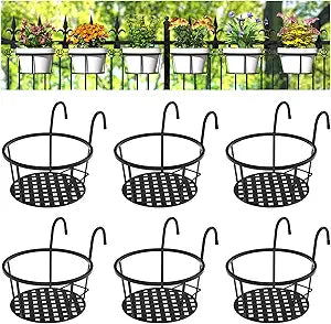 CADANI Iron Hanging Plant Holder Over The Rail Metal Fence Planters, Hanging Bucket Flower Pot Holder for Patio Balcony Outdoor Plants - Pack of 6 (Black)