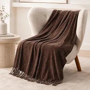 BATTILO HOME Brown Chenille Throw Blanket for Couch, Soft Cozy Textured Knit Throw Blanket with Handmade Fringe Tassels, Lightweight Decorative Farmhouse Blanket for Sofa Bed Chair, 50"x60"