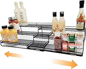 3 Tier Wide Expandable Cabinet Spice Rack Organizer (14.5" to 29.1") - Step Shelf with Protection Railing, Black