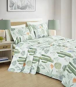 Chezmoi Collection 4-Piece Southwestern Serene Desert Sheet Set Queen Size - Green Blue Cactus Succulent Plant Printed Brushed Microfiber Lightweight Breathable Deep Pocket Bed Sheets