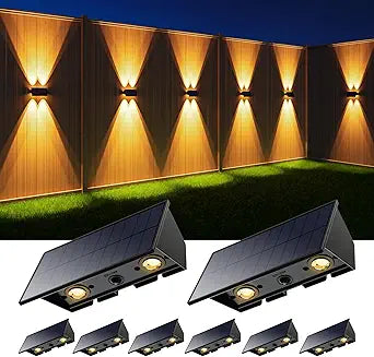 8 Pack Solar Powered Fence Lights Outdoor Up and Down Wall Mount LED Decorative Waterproof Lamps for Outside Deck, Porch, Backyard, House, Patio, Long-Lasting Lighting for All Night (Warm White)
