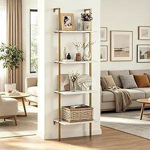 Wolawu Ladder Shelf 4 Tiers Metal Industrial Bookshelf,White Marble Wood Tall Open Storage Rack and Display Shelves,Wall Mount Wide Book Case for Home Office Bedroom,Small