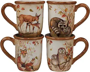 Pine Forest 16 oz. Woodland Ceramic Mugs, Set of 4 Autumn Wildlife Coffee Cups with Fox, Owl, Deer & Raccoon Great for Hot Chocolate, Tea, Pumpkin Spice, Fall Gifts, and Cozy Cabin Vibes