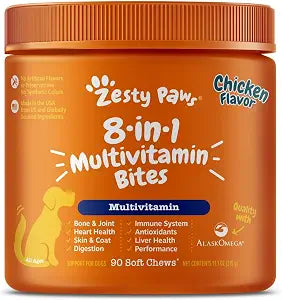 Zesty Paws Dog Multivitamin, Chewable Dog Vitamins and Supplements for Hip & Joints, Skin & Coat, Omega 3 Fish Oil for Dogs- Senior & Puppy Multivitamin- Chicken- 90ct