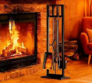Fire Beauty 5 Pieces Fireplace Tools Set Wrought Iron Fire Place Pit Poker Holder(Black)