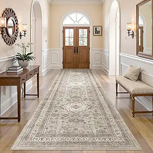 Vintage Hallway Runner Rug 3x10: Large Soft Washable Entryway for Kitchen Laundry Room Non-Slip Backing Runner for Entrance Living Room Bedroom Bathroom - Beige