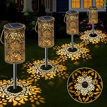 4 Pack Solar Pathway Lights Lights Outdoor, LED Solar Lantern Bright Metal Retro Waterproof, Outside Decorative Rose Hanging Lanterns Solar Powered for Path Lawn Patio Yard Walkway (Rose, 4 Pack)