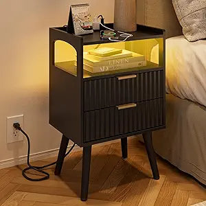 Nightstand with Charging Station and LED Lights,Modern Bedside Table with 2Drawer and Open Shelf,Black Night Stand with Solid Wood Legs,End Table for Living RoomBedroom and Small Spaces