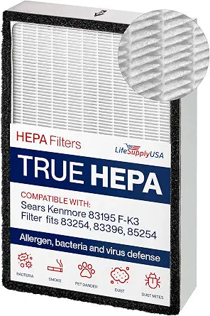 True HEPA Filter Replacement Compatible with Sears Kenmore 83195 F-K3 Filter fits 83254 83396 85254 Air Purifiers by LifeSupplyUSA