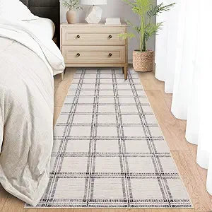 Garvee Washable Checkered 2x6 Kitchen Rugs, Non Slip Plaid Hallway Runner, Low Pile Stain Resistant Modern Geometric Throw Carpet for Entryway Laundry Bathroom, Minimalist Bedside Rug, Beige