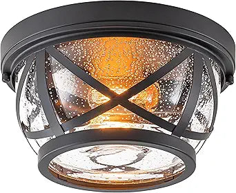 Oil-rubbed Bronze Flush Mount Ceiling Light Fixtures, 2-Light Farmhouse Porch Light Ceiling Mount with Seeded Glass, Industrial Outdoor Indoor Flush Mount Light Fixture for Kitchen Entryway & Foyer