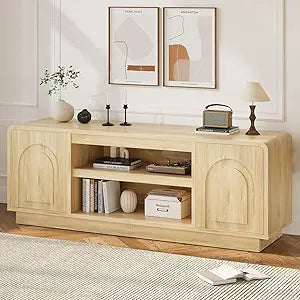 Bestier 63" Mid Century Modern TV Stand for Living Room, Wood Media Console Cabinet for TVs up to 70", Entertainment Center with 2 Arched Doors, Adjustable Shelves & 6 Cable Holes, Natural Oak