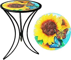 J-Fly 12 Inch Outdoor Side Table, Round Patio Accent Indoor End Table with Glass Top & Metal Base for Living Room, Office, Balcony, Sunflower Butterfly Indoor Furniture Valentine Decor(20" Height)