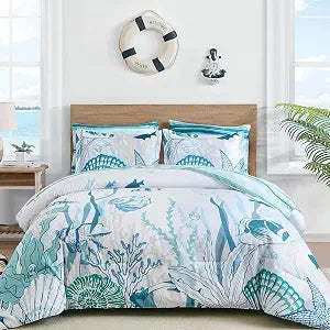 WONGS BEDDING Coastal King Size Comforter,7 Pieces Beach Nautical Themed