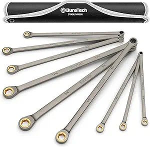 DURATECH Extra Long Anti-Slip Ratcheting Wrench Set, Double Box End Wrench Set, 9-Piece, SAE, 5/16", 11/32", 3/8", 7/16", 1/2", 9/16", 5/8", 11/16", 3/4", CR-V Steel, with Rolling Pouch