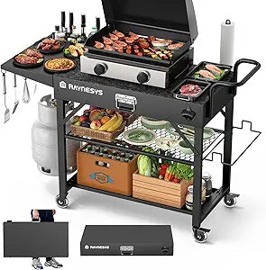 Raynesys Outdoor Grill Cart, 440lbs Outdoor Grill Table, 31x17 inch Blackstone Griddle Stand, Portable Folding Cart with Wheels, 2-Tier Storage Rack & Side Storage Box (Black)