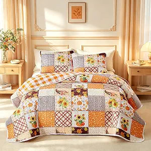 Joyreap 2Pieces Fall Patchwork Quilt Set Queen, Pumpkin Sunflower Autumn Harvest Themed Microfiber Bedding Set- 90x90 inches