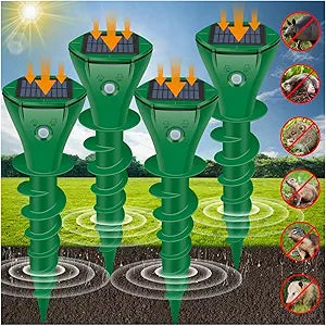 Ultrasonic Mole Repellent Outdoor, Gopher Repeller Solar Powered for Lawn Garden Yard, Mole and Vole Repellent Waterproof, Effectively Repels Gophers Snake Chipmunks Groundhogs-4 Pack-Green