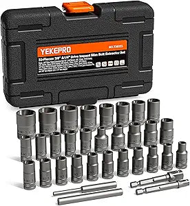 33pcs Deep Well Bolt extractor set, 3/8" & 1/4'' Drive slim type for Removing Damaged, Frozen, Rusted, Rounded-Off Bolts, Nuts & Screws, Cr-Mo Steel, T38333