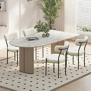 Boucle Dining Chairs Set of 4, Upholstered Dining Chairs with Curved Backrest, Round Modern Dining Chair with Black Metal Legs for Dining Room, Vanity, White