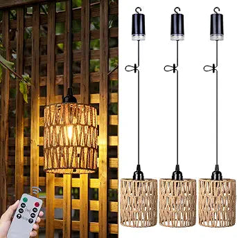 Battery Operated Chandelier, Battery Hanging Pendant Light, Rattan Lights with Warm White Bulb, 4*AA Battery Powered, for Gazebo Pergola Porch Patio Outdoor Indoor Decor (3)