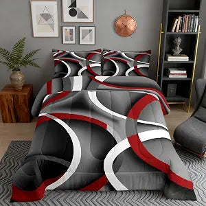 Circle Comforter Set Twin Size for Boys Kids Gray Black Red Swirls Room Decor Abstract Stripes Teens Bedroom Retro Style Bedding Set 1 Comforter with 1 Pillow Case, Lightweight Warm Soft