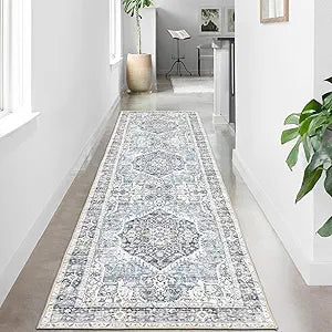 Runner Rug 28, Vintage Boho Rug,Ultra-Soft Low Pile, Washable, Non Slip,Stain Resistant Printed Carpet for Hallway Kitchen Living Room Bedrooms Playroom Office, Light Blue