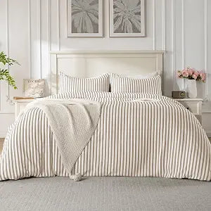 ROSE&RISY Duvet Cover Set King Size, Linen Grey Striped Comforter Cover with Button Closure, Breathable and Cooling, Includes 1 Duvet Cover, 2 Pillowcases, No Comforter, (Linen Grey Stripe, King)
