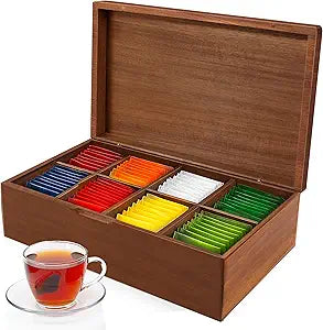 Acacia Wood Tea Bag Organizer Box 8-Compartment Tea Storage Container Tea Caddy Holder with Removable Dividers Rustic Tea Chest for Kitchen Counter, Coffee & Tea Station, Gifts