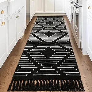 Tritard Boho Runner Rug 2x8 - Lightweight Washable Long Hallway Rug with Tassel, Thin Woven Farmhouse Kitchen Runner Rugs Cotton Aztec Indoor Carpet for Entryway, Laundry, Bathroom, Black and White