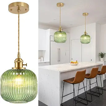 Pendant Lights Kitchen Island with Green Ribbed Glass Lampshade