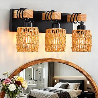 3-Light Farmhouse Bathroom Vanity Light Fixtures Over Mirror, Wood Rustic Boho Rattan Wall Sconce with Hand Woven Wicker Lampshade, Black Wall Lighting for Hallway, Living Room, Bedroom, Spa Room