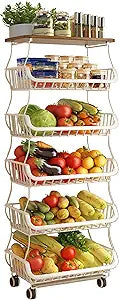 MURRI&MURRDI Fruit Vegetable Storage Basket with Wooden Lid, 6 Tier Stackable Kitchen Cart with Wheels, Tall Produce Snack Racks Display, Narrow Rolling Cart for Pantry Onion Potato, White