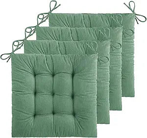 ELFJOY 4 Pack Chair Cushions for Dining Kitchen Chairs 18 Inches Seat Cushion Pads Warm Thick Corduroy Comfort Chair Cushions for Office with Ties(18", Green)
