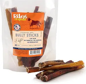 Riley's All Natural Bully Sticks for Dogs - Single Ingredient Beef Chews for Medium and Small Breeds - Low Odor 100% Beef Pizzle Sticks for Dogs - Premium Dog Bully Chews - 6 inches (12 Count)