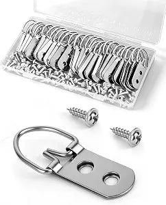 Picture Frame D-Ring Hangers with Screws 30 Pack, Double Hole Hanging Hardware for Photo Frames, Wood Frames and Wall Art 60 Screws Included, Stainless Steel.