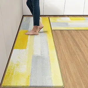 Arttown Gray Yellow Anti-Fatigue Kitchen Rug Set of 2 Office Contemporary Abstract Cushioned Floor Standing Mat Waterproof Non-Slip Kitchen Mat and PVC Ergonomic Comfort Foam Rug