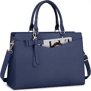 RAINSMORE Laptop Bag for Women 15.6 Inch PU Tote Bag Business Office Work Bag Waterproof Briefcase Computer Tote Lightweight Handbag Shoulder, Blue