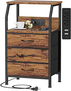 Furnulem Night Stand with Charging Station, USB Ports and Outlets, 28.3 Inch Tall Bedside Table with Wood Shelf, 3 Fabric Drawers Side Table for Bedroom, 3 Ways to Use, Rustic Brown