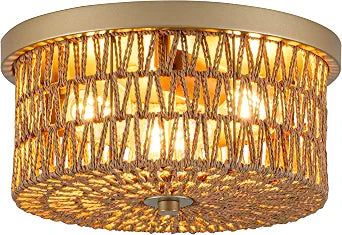 Rattan Ceiling Light, 3 Light Boho Light Fixture, Round Woven Flush Mount Ceiling Light for Entryway, Hallway, Bedroom, Kitchen