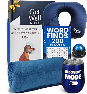 Get Well Soon Gift Basket for Men Recovery & After Surgery Care Package - Inflatable Neck Pillow, Plush Blanket, Insulated Tumbler, Massage Roller, Puzzle Book, Funny Card, Pen