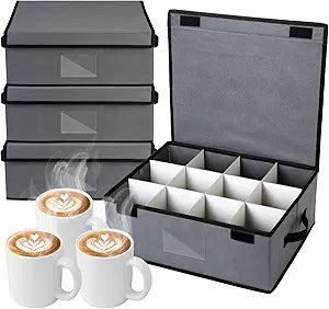 Suzile 4 Pack Cup and Mug Storage Box with Dividers Wine Glass Storage Box with Dividers, Lid and Handle, Holds 48 Coffee Mugs and Tea Cups for Glassware Protection Moving