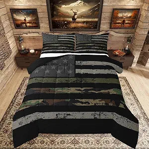 Feelyou American Flag Camo Bedding Set Queen Size Kids Military Hunting Duvet Quilt for Boys Girls Teens Rustic Camouflage Print Comforter Set Breathable Soft Microfiber